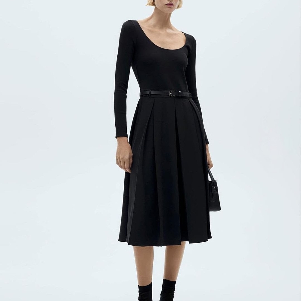 Mango Diane Black Long-Sleeve Scoop Neck Dress with Waist Belt